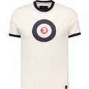 trojan recrods clothing mens mod target logo retro 70s ringer neck tshirt ecru navy
