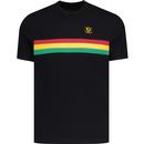 trojan clothing mens retro tricolour rasta chest stripe pique tshirt black