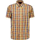 trojan records clothng mens windowpane check button down short sleeve shirt mustard yellow