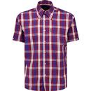 trojan records clothng mens windowpane check button down short sleeve shirt port blue