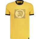 trojan clothing mens artist logo print retro ringer neck tshirt mustard yellow