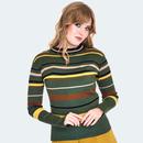 Voodoo Vixen Women's Ribbed 70s Green Stripe Sweater in Olive SWA7001