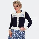 Voodoo Vixen Nautical Wave Kraken Embroidered Cardigan in Navy/White
