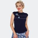 Voodoo Vixen Kraken Retro Nautical Waves Embroidered Sweater in Navy