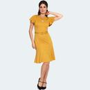 Voodoo Vixen Retro 50s Flutter Sleeve Twist Front Flare Dress in Mustard DRA9741