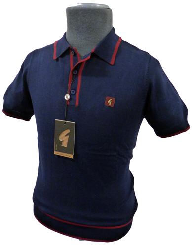 'LINEKER' GABICCI VINTAGE KNITTED MENS MOD RETRO POLO SHIRT (Navy/Burg