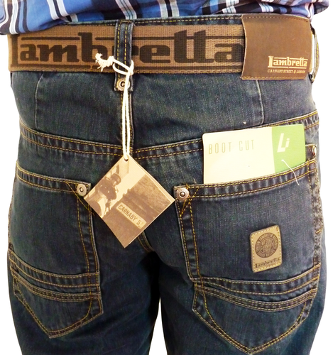 LAMBRETTA Mens Retro Mod Bootcut Jeans with Belt