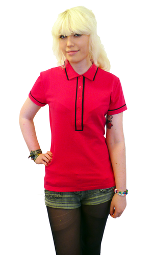 'Ronnie' - Womens Retro Mod Piped Polo Top (Pink)