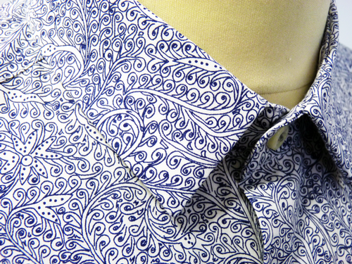 BEN SHERMAN Tailoring Retro 60s Mod Blue Floral Op Art Shirt