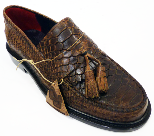 Mens New Real Leather Black Wine Brown Snakeskin Look Vintage Loafers MOD Shoes