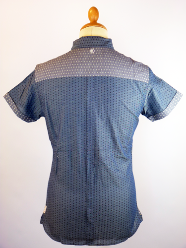 FLY53 Serge Retro Indie 70s Mix Fabric Chambray Shirt Blue