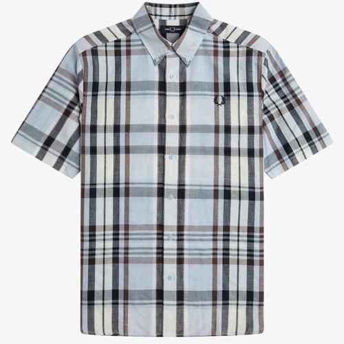 Fred Perry Madras Check Linen Blend Short Sleeve Shirt in Light Smoke