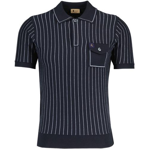 Gabicci Vintage Danny Men's Mod Pinstripe Knit Polo Shirt Navy pictured from front