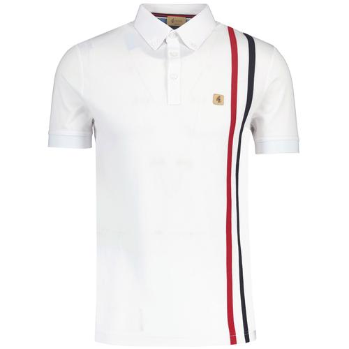 Gabicci Vintage Patrick Mod Racing Stripe Polo Shirt in White pictured from front