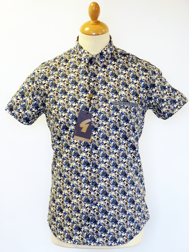 GABICCI VINTAGE Manzarek Retro 60s Mod Abstract Floral Shirt Blue