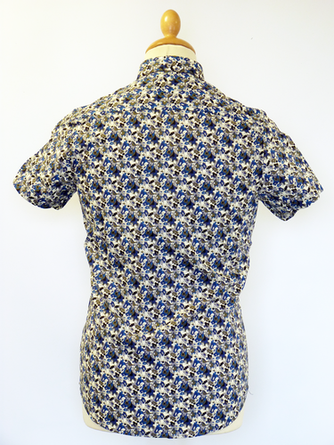 GABICCI VINTAGE Manzarek Retro 60s Mod Abstract Floral Shirt Blue