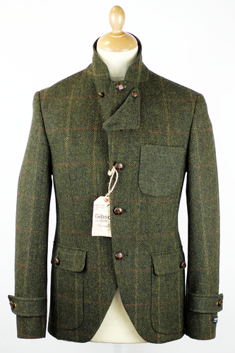 GIBSON LONDON Grouse Retro 60s Mod Wool Herringbone Blazer Green