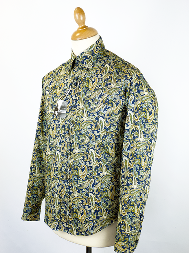 LAMBRETTA Retro 60s Paisley Button Down Mod Shirt Navy