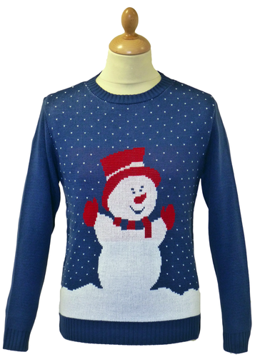 Mr Snowy - Retro 70s Snowman Christmas Jumper Blue