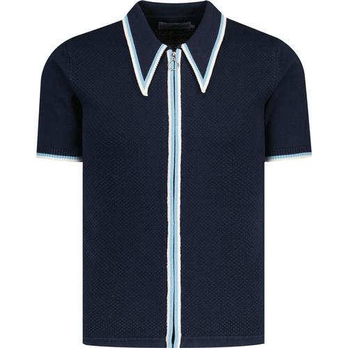 madcap england mens mack popcorn knit zip through spear collar short sleeve blazer navy