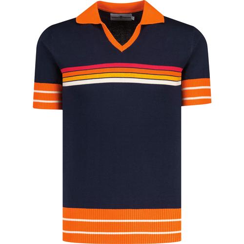 madcap england mens northern soul stripe skipper neck polo top navy orange