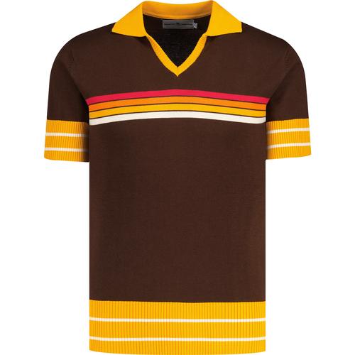 madcap england mens northern soul stripe skipper neck polo top potting soil brown yellow