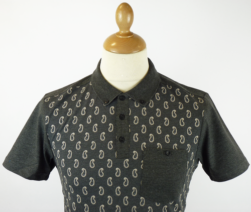 MERC Banion Retro Sixties Mod Paisley Pocket Polo Shirt Charcoal