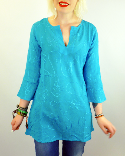 NOMADS Sixties Floral Embroidered Vintage Kaftan Shirt Turquoise