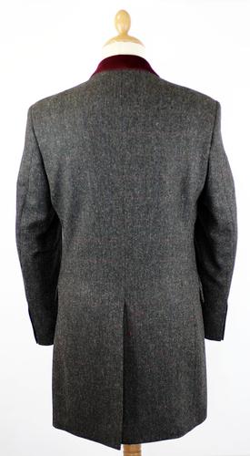 Retro 60s Mod Velvet Collar 3/4 Length Wool Tweed Coat Charcoal