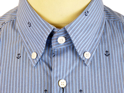 TUKTUK Retro 60s Mod Anchor Stripe Button Down Shirt Blue