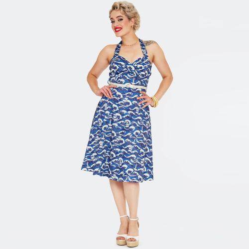 Voodoo Vixen Nautical Waves Halter Neck Midi Dress in Blue