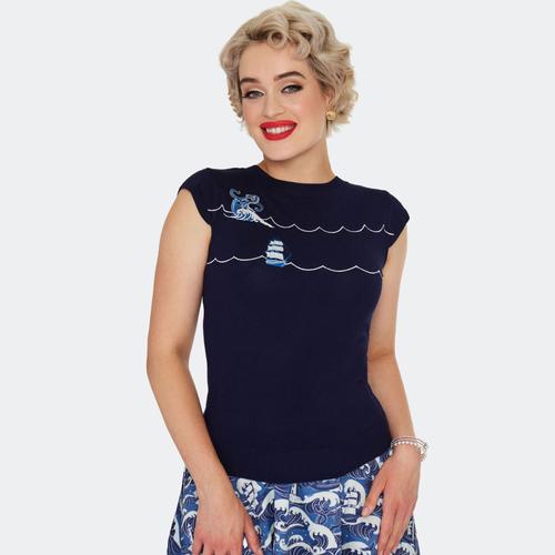 Voodoo Vixen Kraken Retro Nautical Waves Embroidered Sweater in Navy