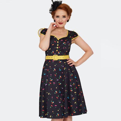 Voodoo Vixen Rainbow Cherry Print 50s Flare Doll Dress